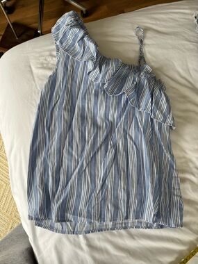 Sweet Wanderer Blue & White Striped Ruffle One-Shoulder Camisole